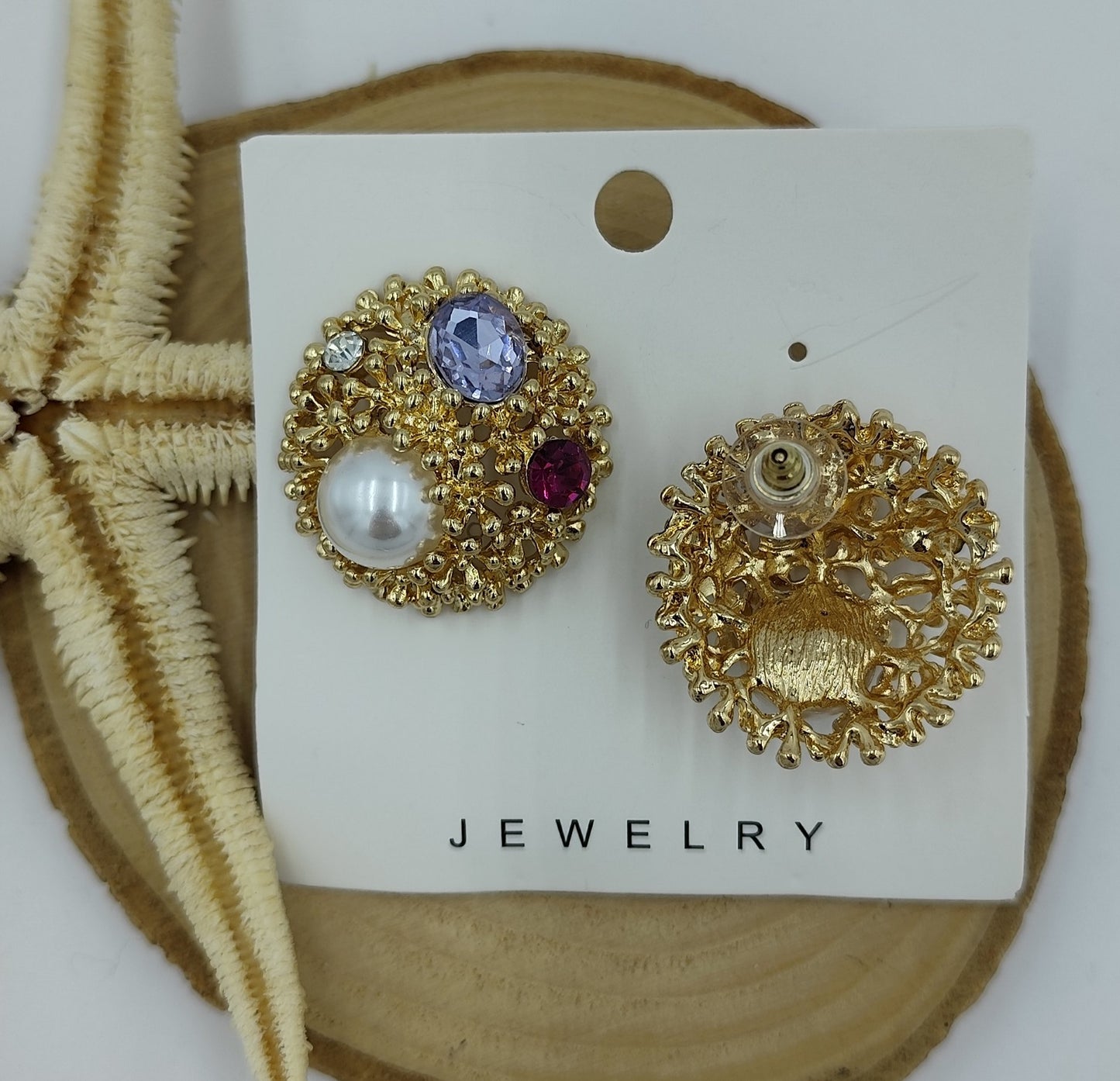 Renkli Taşlı Yuvarlak Gold Küpe