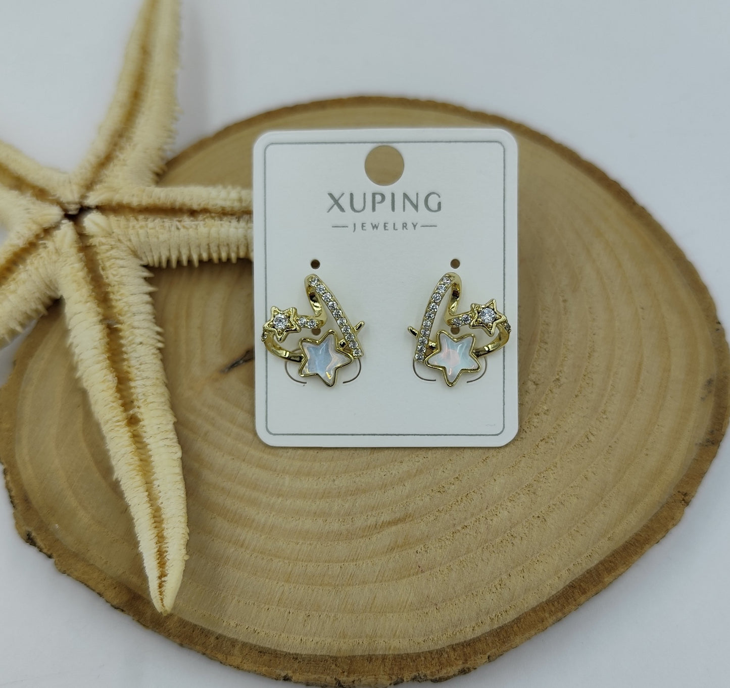 14 K Taş ve Yıldız Detaylı Kalpli Küpe
