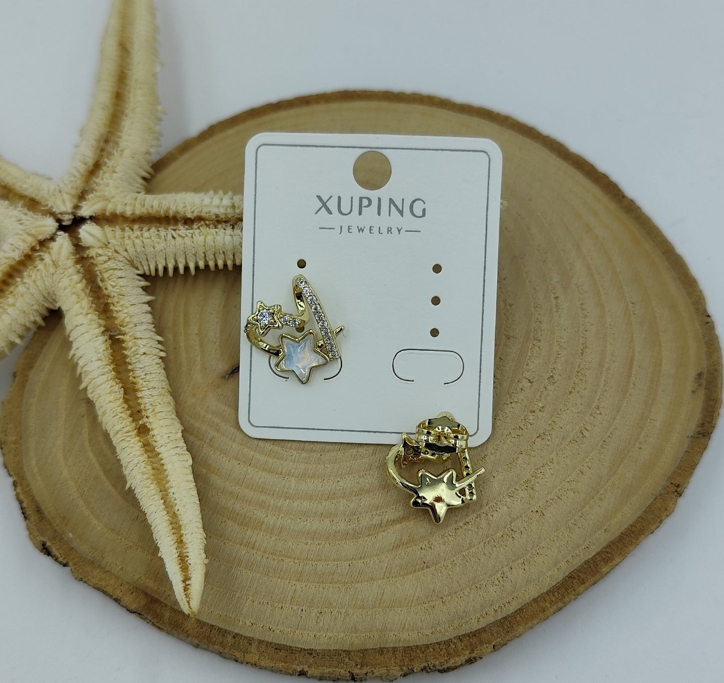 14 K Taş ve Yıldız Detaylı Kalpli Küpe