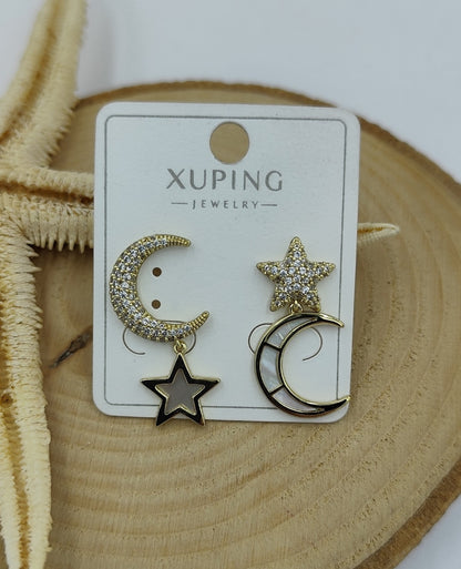 14 K Taş Detaylı Ay Yıldız Küpe