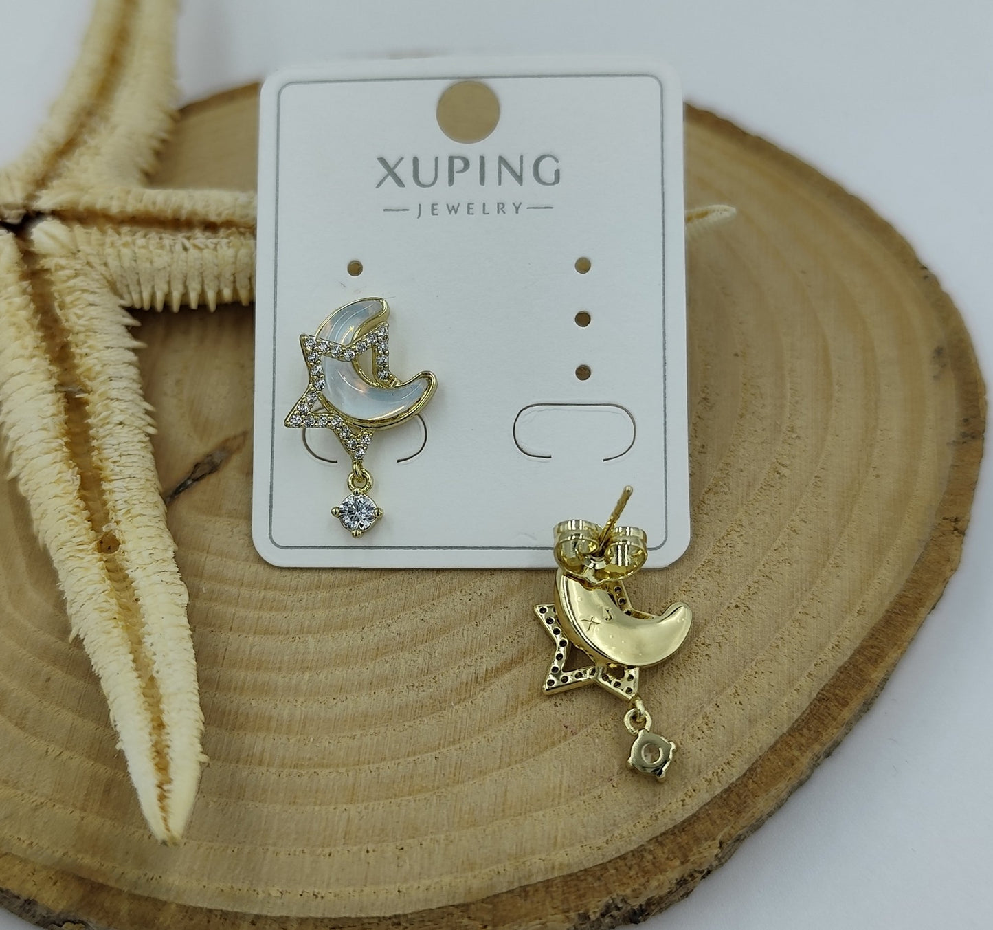 14 K Taş Detaylı Ay Yıldız Küpe