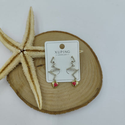 14 K Taş ve Kalp Detaylı Zigzag Küpe