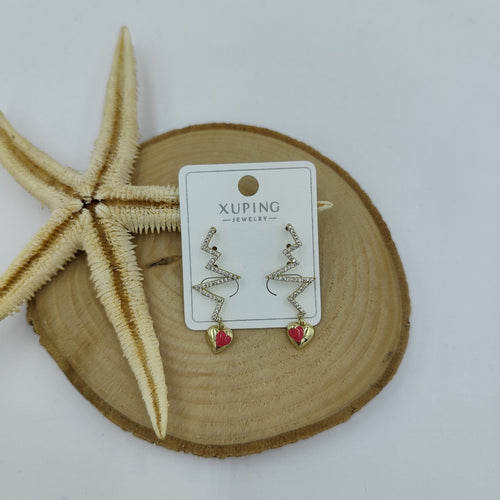 14 K Taş ve Kalp Detaylı Zigzag Küpe