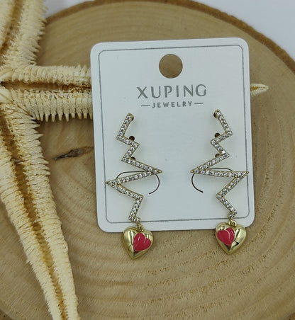 14 K Taş ve Kalp Detaylı Zigzag Küpe