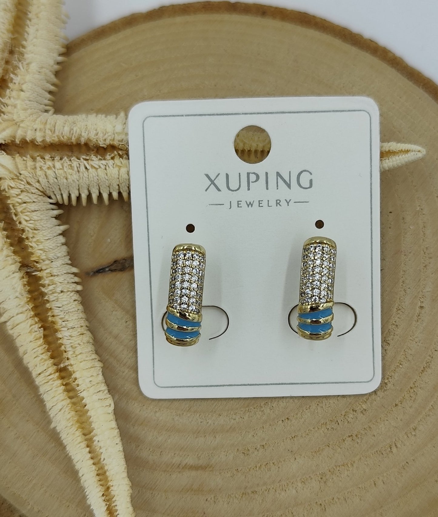 14 K Taş ve Mavi Şerit Detaylı Küpe