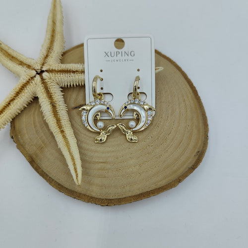 14 K Taş ve İnci Detaylı Balık Küpe