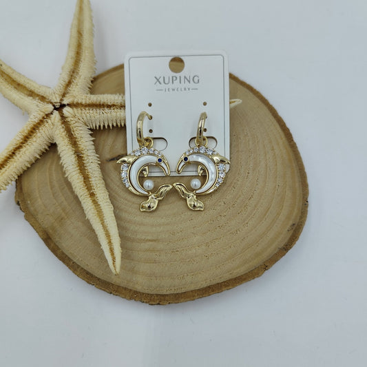 14 K Taş ve İnci Detaylı Balık Küpe