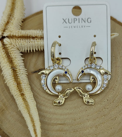 14 K Taş ve İnci Detaylı Balık Küpe