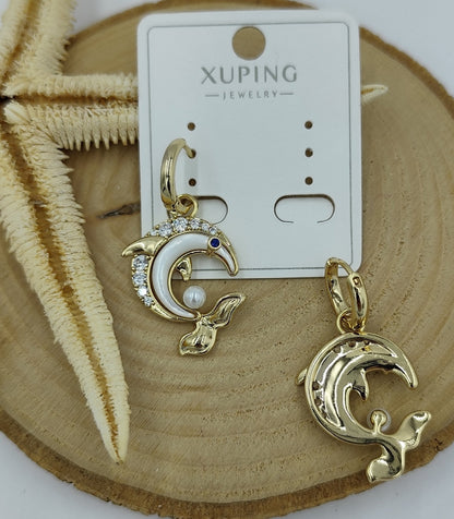 14 K Taş ve İnci Detaylı Balık Küpe