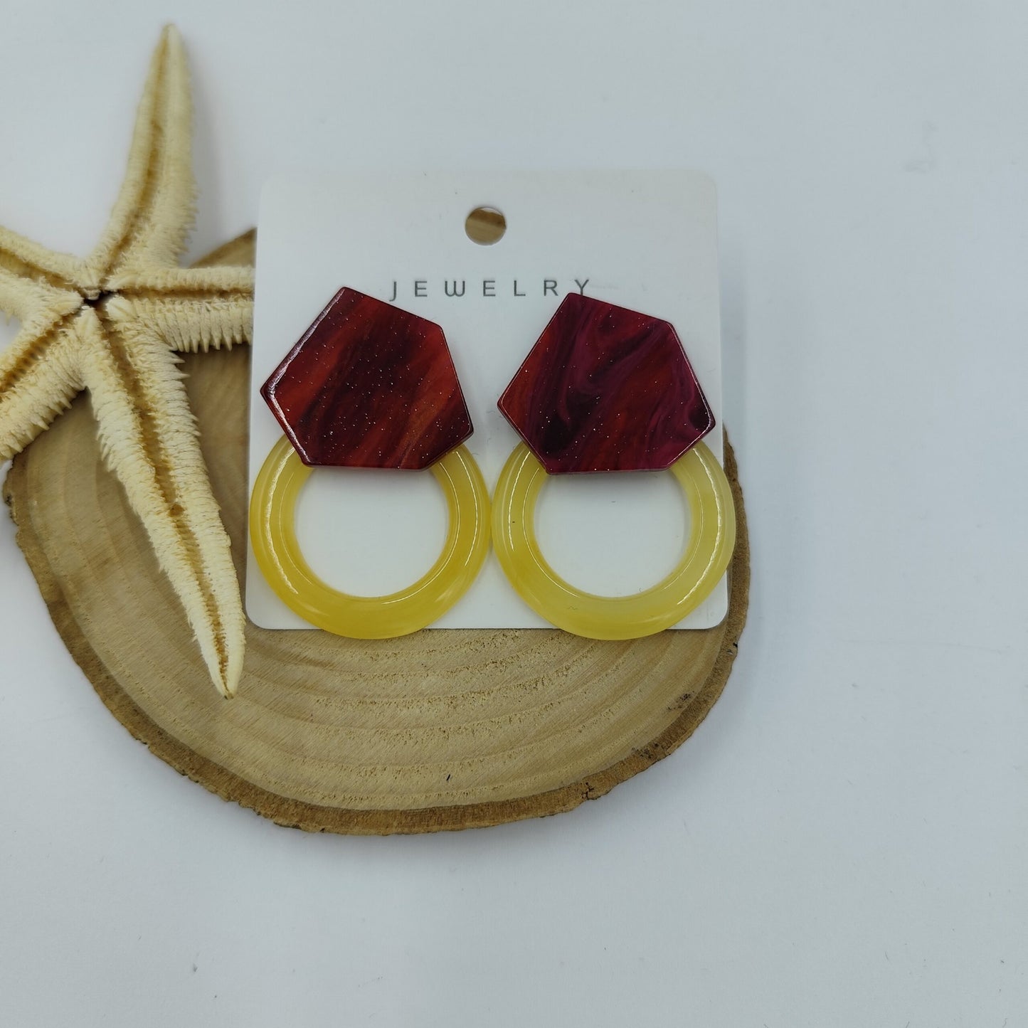 Bordo ve Sarı Geometrik Küpe