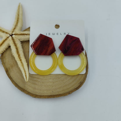 Bordo ve Sarı Geometrik Küpe
