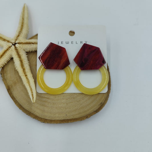 Bordo ve Sarı Geometrik Küpe