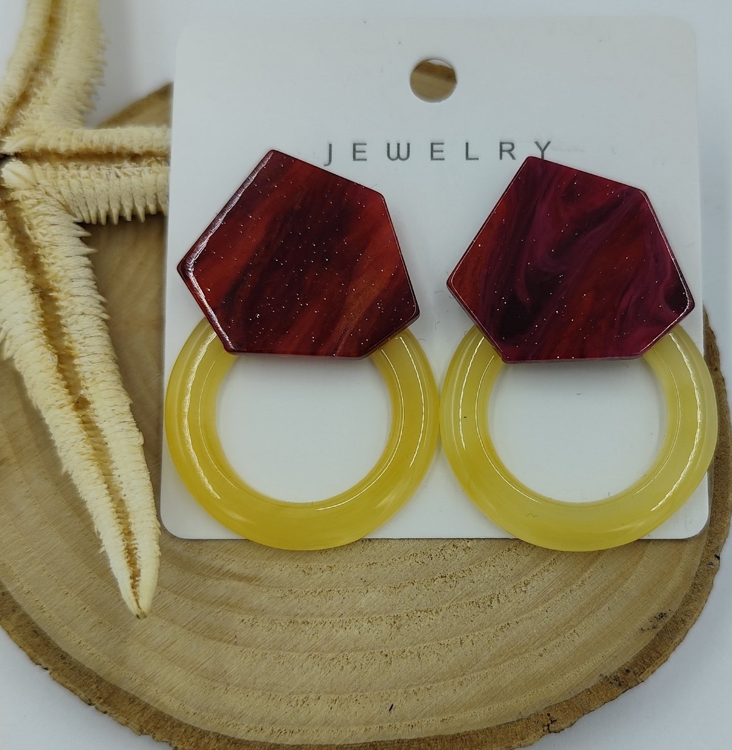 Bordo ve Sarı Geometrik Küpe