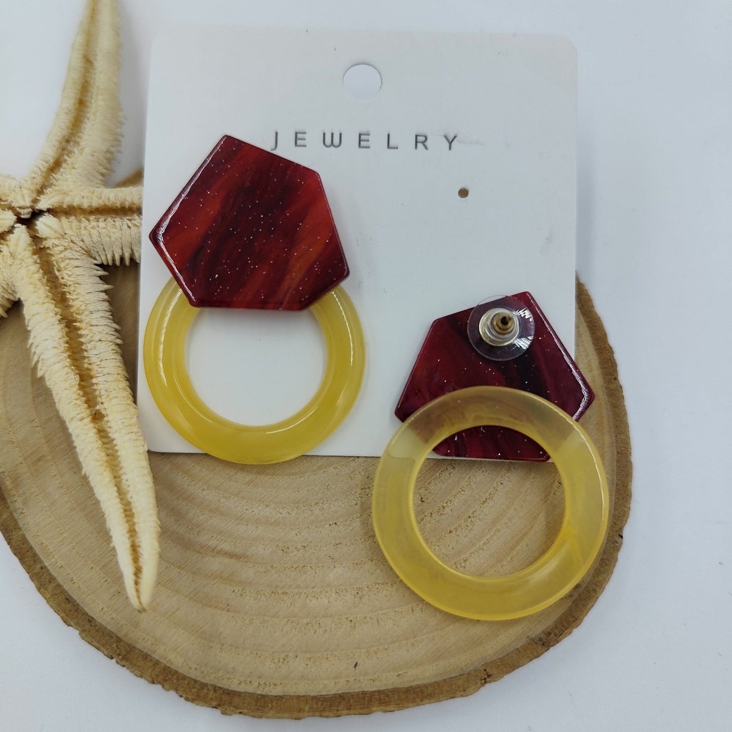 Bordo ve Sarı Geometrik Küpe
