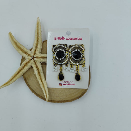 Taş Detaylı Gold Küpe