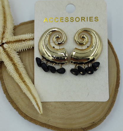 Siyah Boncuklu Spiral Gold Küpe