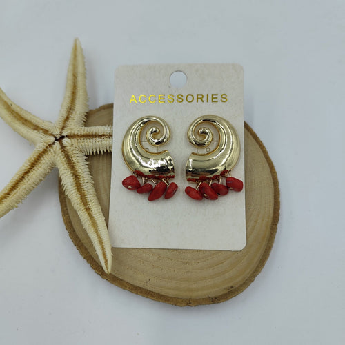 Kırmızı Boncuklu Spiral Gold Küpe