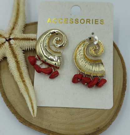 Kırmızı Boncuklu Spiral Gold Küpe