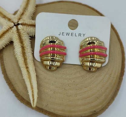 Pembe Şeritli Gold Küpe