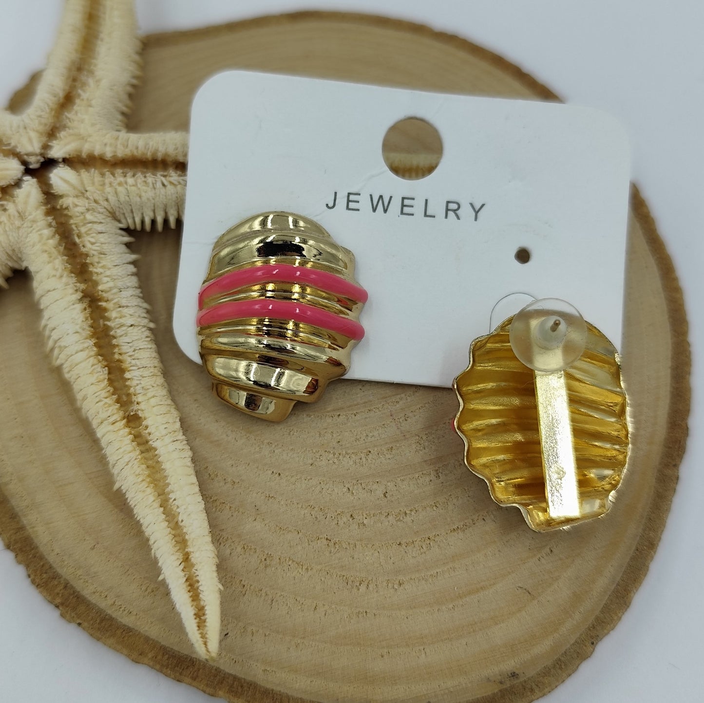 Pembe Şeritli Gold Küpe