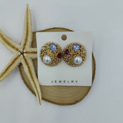Renkli Taşlı Yuvarlak Gold Küpe
