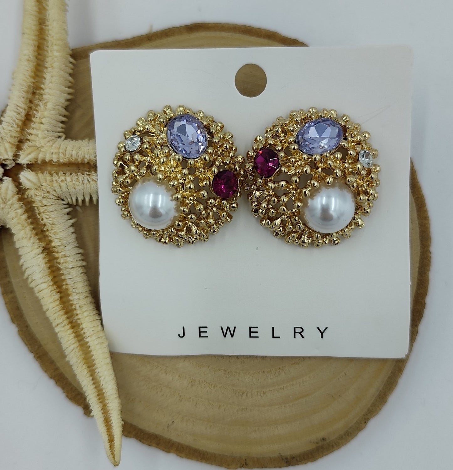 Renkli Taşlı Yuvarlak Gold Küpe