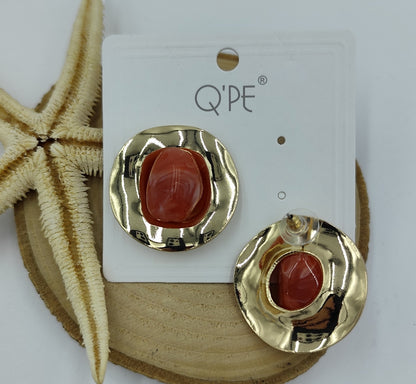 Kahverengi ve Gold Detaylı Yuvarlak Küpe