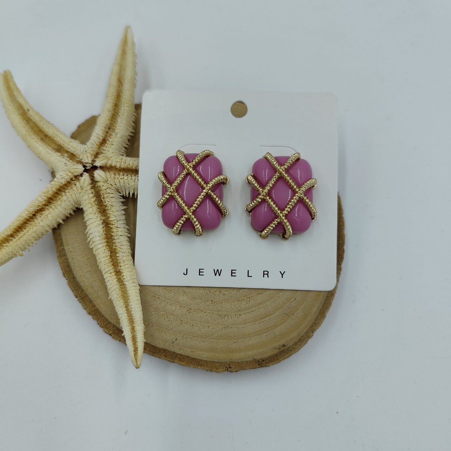 Pembe ve Gold Detaylı Kare Küpe