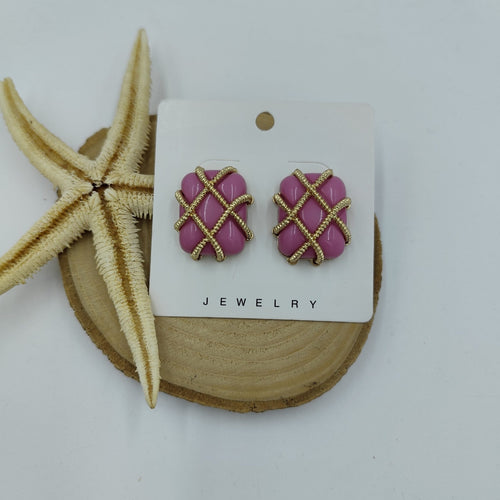 Pembe ve Gold Detaylı Kare Küpe
