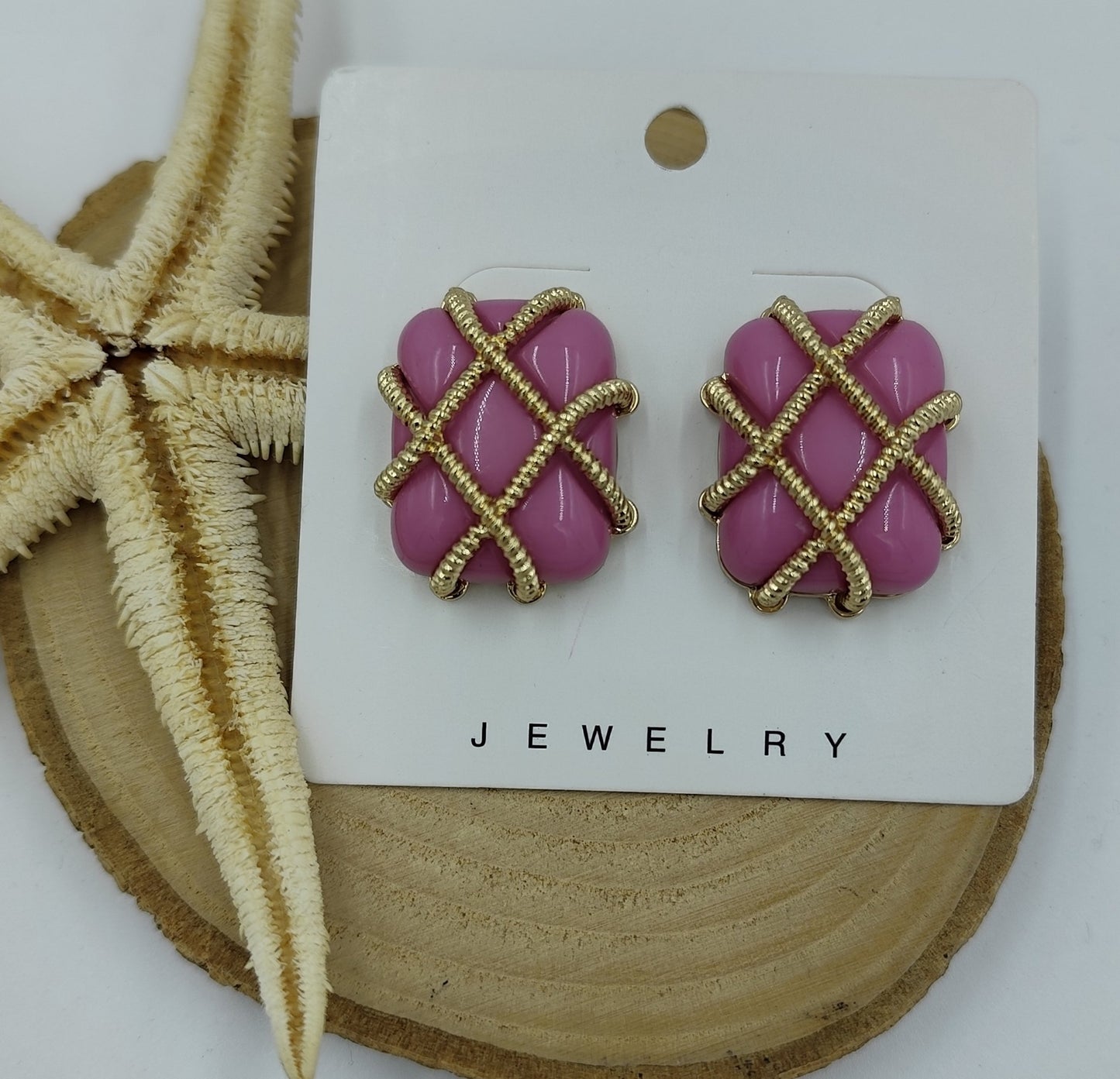 Pembe ve Gold Detaylı Kare Küpe