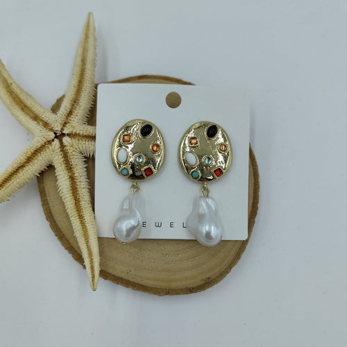 Renkli Taşlı İncili Gold Küpe