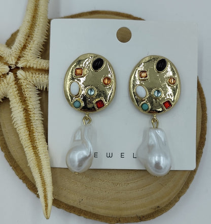 Renkli Taşlı İncili Gold Küpe