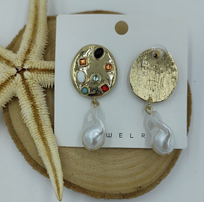 Renkli Taşlı İncili Gold Küpe
