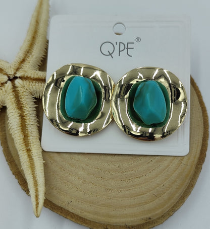 Yeşil Yuvarlak Gold Küpe