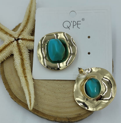 Yeşil Yuvarlak Gold Küpe