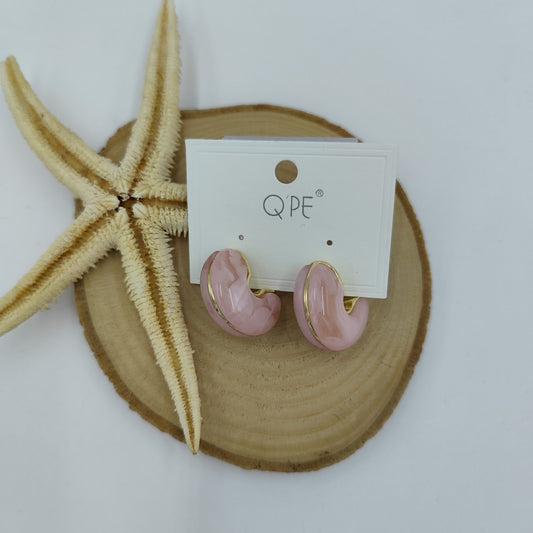 Gold Detaylı Pembe Küçük Halka Küpe