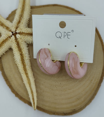 Gold Detaylı Pembe Küçük Halka Küpe