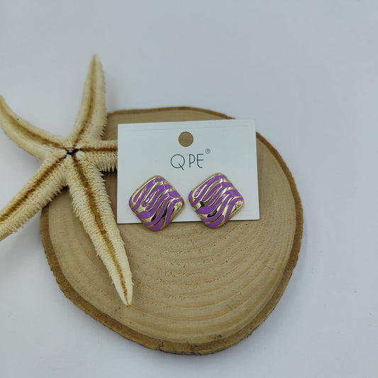 Mor ve Gold Detaylı Küçük Kare Küpe