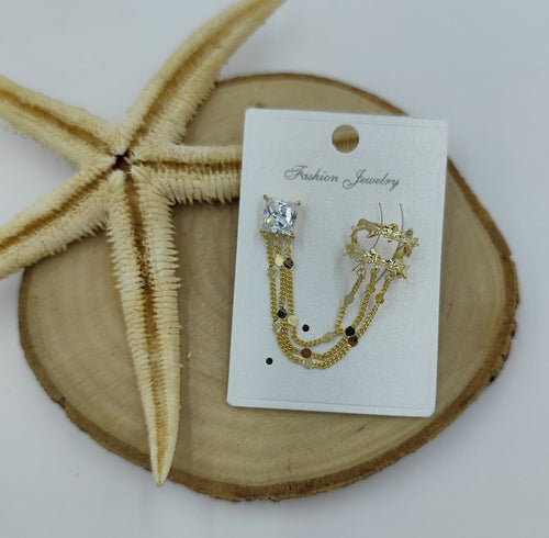 Taş ve Zincir Detaylı Kıkırdak Küpe Gold