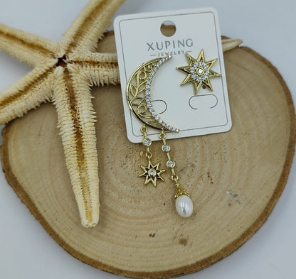 14 K Taş Detaylı Ay Yıldız Küpe