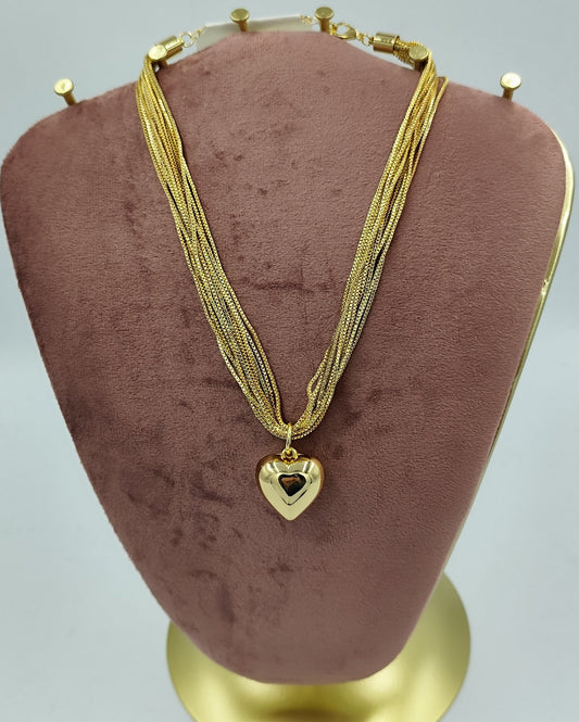 Çoklu Zincirli Kalp Gold Kolye
