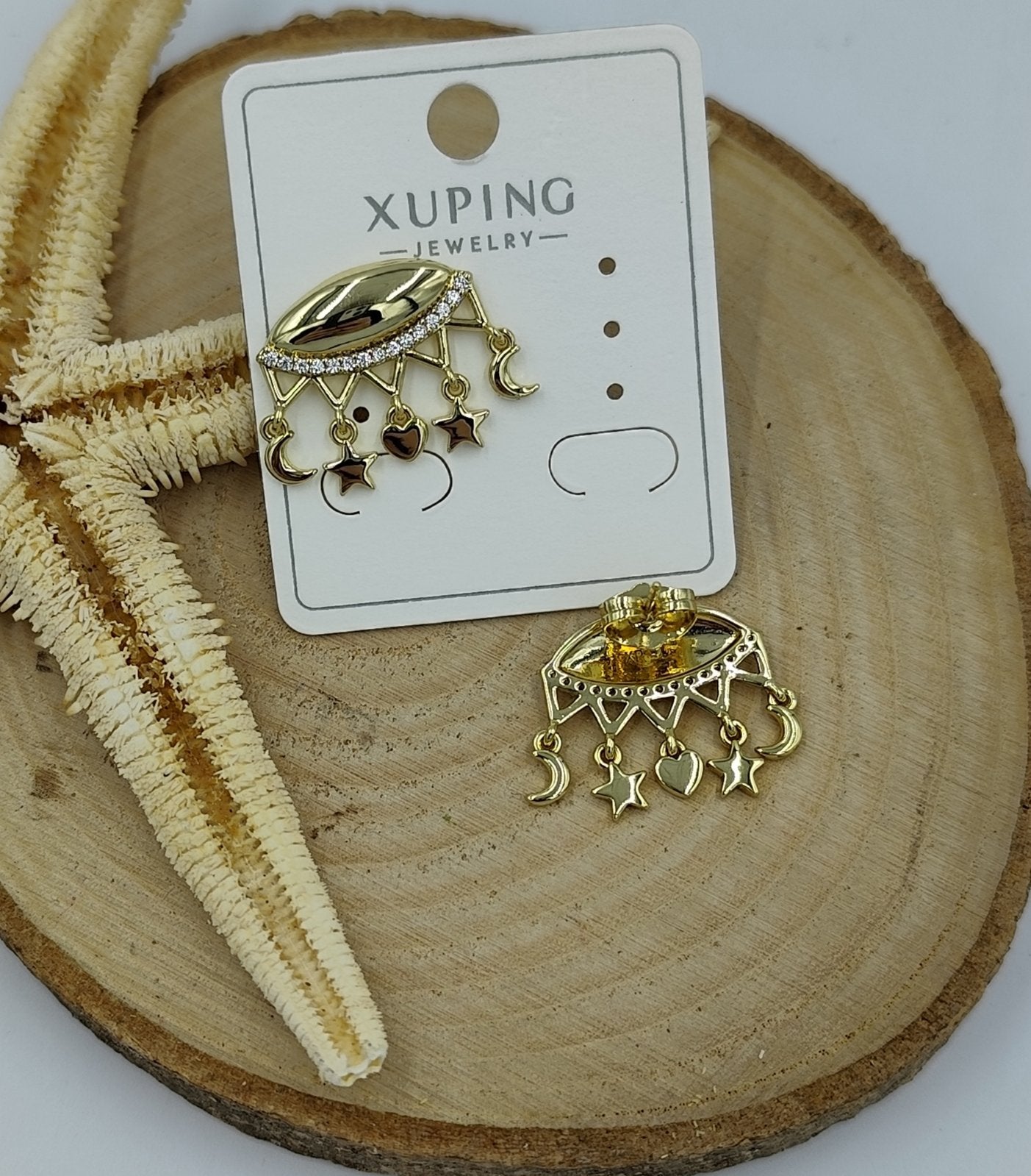 14 K Taş Detaylı Ay Yıldız Figürlü Küpe