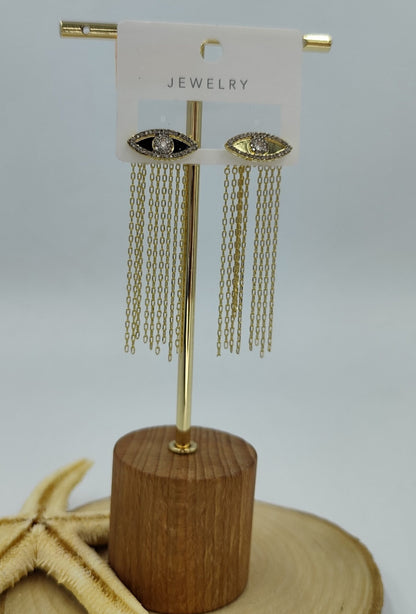 Göz ve Zincir Detaylı Gold Küpe