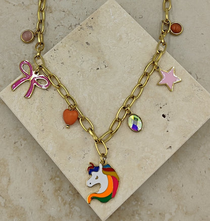 Unicorn'lu Renkli Çelik Kolye Gold