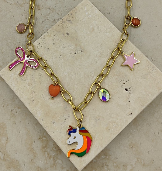 Unicorn'lu Renkli Çelik Kolye Gold