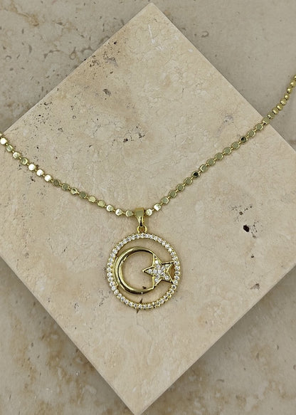 Taş Detaylı Ay Yıldız Çelik Kolye Gold