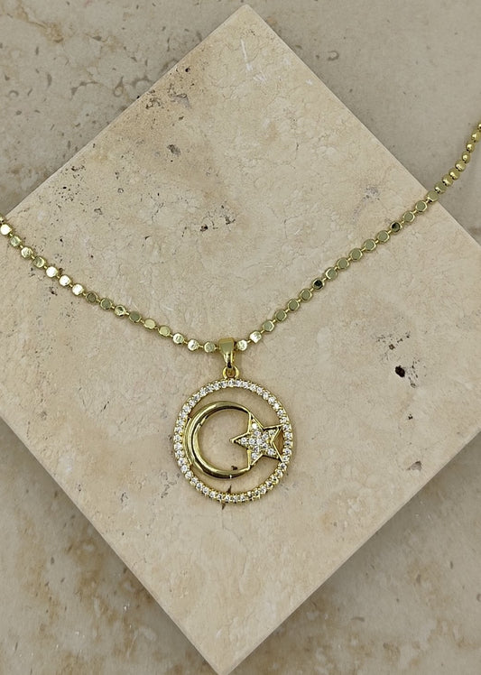 Taş Detaylı Ay Yıldız Çelik Kolye Gold