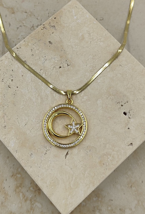 Taş Detaylı Ay Yıldız Çelik Kolye Gold