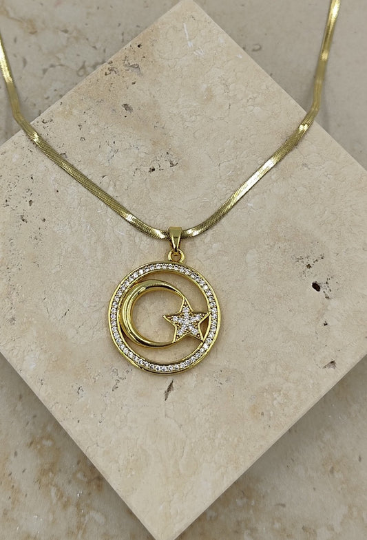 Taş Detaylı Ay Yıldız Çelik Kolye Gold