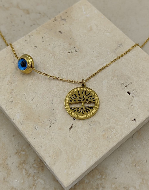 Nazar Boncuklu Yaşam Ağacı Çelik Kolye Gold